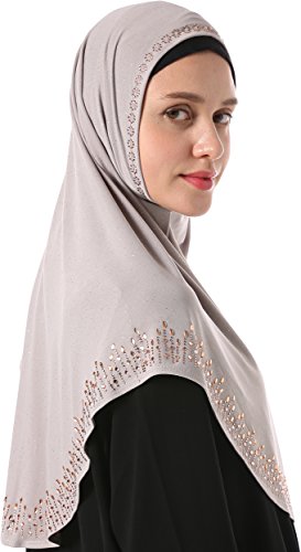YI HENG MEI Women's Modest Muslim Rhinestones Instant Hijab Jersey Headscarf Ready to Wear Hijab,Light Gray