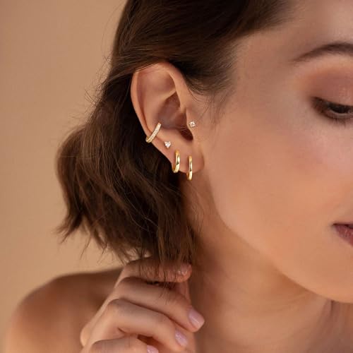 M MOOHAM 9 Pairs Flat Back Earring Stack Set for Women Teen Girls | Hypoallergenic Earrings, 14K Gold Plated Huggie Hoop Stud Earring, Small Cute Bow Cartilage Earrings, Trendy Jewelry Gifts