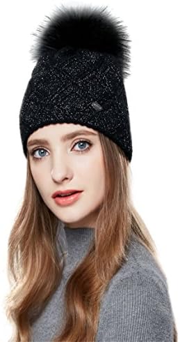 GEREYAN Stylish and Comfortable Wool Beanie Knit Hat With Raccoon Fur Pom Pom (Black)