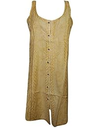 Womens Sundress Embroidered Button Front Sleeveless Boho Resort Fashion Shift Dresses S/M