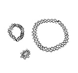 Oliadesign Gothic Stretch Elastic Tattoo Henna Bangle Bracelet 3 Pieces Set, Necklace, Bracelet, Ring