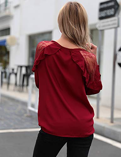 Blooming Jelly Womens Red Lace Top Tie V Neck Long Sleeve Shirt Ruffles Loose Elegant Blouse (Medium, Red)
