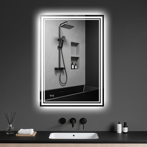 Archaluxe Bathroom Mirror with LED Light: 45x60cm Illuminated Wall Mounted LED-Bathroom-Mirror with Shaver Socket, Anti-Fog,3 Colors Dimmable, Memory Function, IP44 Smart Mirror Horizontal/Vertical