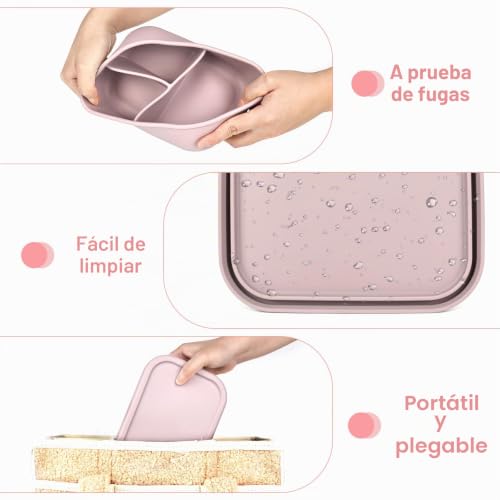 elthmpr Lunch Box for Adults and Kids, 800ml Silicone Leakproof Lunch Box with 3 Compartments, Microwave and Dishwasher Safe, Lunch Boxes for School, Picnic, Office, Teenagers and