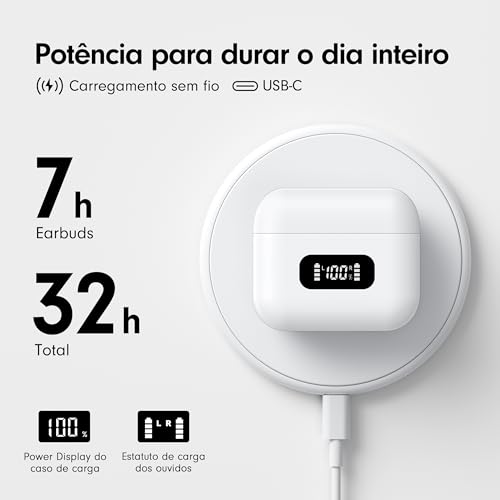 Fones de Ouvido Bluetooth Tranya True Wireless, 4 Microfones para Chamadas Claras, Controle de Botão Preciso, Bateria de Longa Duração, Conforto o Dia Todo