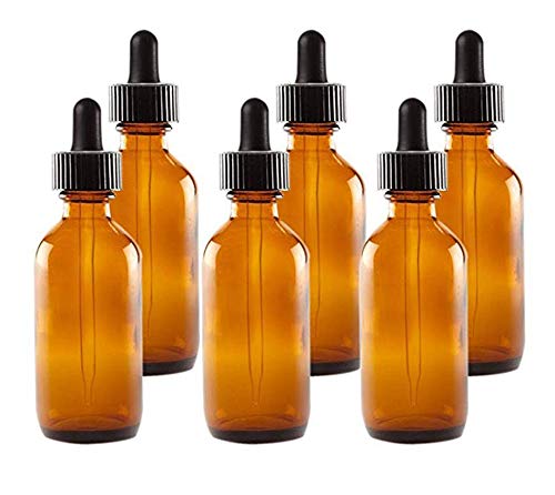 Katzco Eye Dropper/Glass Medicine Bottle, Amber Boston Brown Round Bottles 2OZ. 6Pack - for Essential Oils, Scents, Travel, Perfume Kitchen, Bath, Cooking, Labs, Laundry, Cosmetic -Reusable