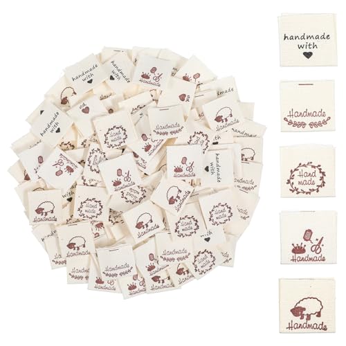 PEOVLVN 100 Pcs 2x2cm Handmade Tags, Personalized Crochet Tags Sewing Labels for Handmade Items Fabric Labels for Clothes DIY Crafts Knitting Crocheting Sewing (5 Styles)
