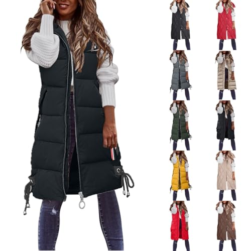 women's gilets, longline gilet for women uk, Long Gilets for Women UK, Women's Sleeveless Hooded Padded Quilted Jackets Winter Warm Vest Coats Outdoor Windproof Plus Size Waistcoats (Black-C, L)