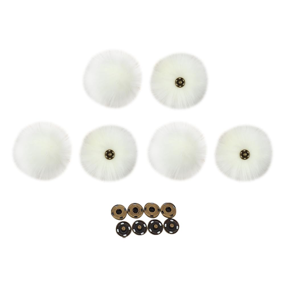 FSSTUD 6 Pcs 11cm Faux Fur Pom Pom Balls Knitting Hat Pom Pom Large Snap Pom Poms Removable Fluffy Pom Pom Knitting Shoes Scarves Bag Accessories with Press Button White