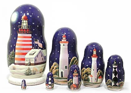 Golden Cockerel Made in Russia Lighthouses in The Night Nesting Doll 7pc/ 8” aka North American Lighthouses Collectible Babushka Russian Doll 100% Guaranteed!