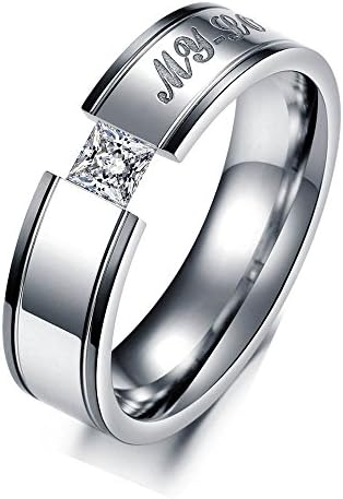Noemigal Arce Men's Women's Stainless Steel Engraved My Love Cubic Zirconia Hearts Square Rhinestones Couples Rings