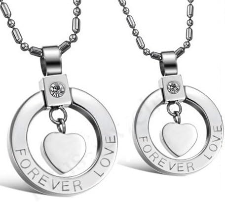 Stainless Steel Couple Lovers "Love Forever" Heart Crystal Rhinestone Pendant Necklace Set His and Hers . FREE CHAIN NECKLACES INCLUDED.