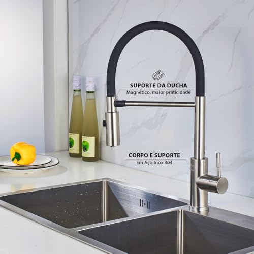 Torneira Gourmet de Cozinha Flexível Misturador Monocomando Inox Escovado