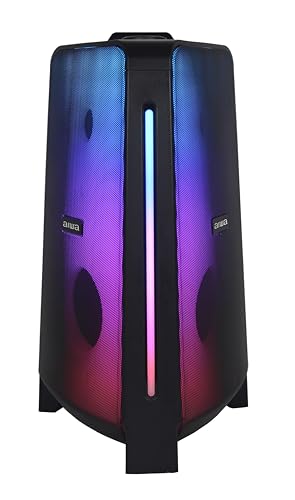 Aiwa Bocina Portátil Recargable 50W RMS, Bluetooth 5.3 con TWS, Doble Woofer de 5", Luces LED, Super Bass, Radio FM, Doble Entrada para Micrófono Karaoke, Pantalla LCD, Modelo AWPOK400LD Color Negro