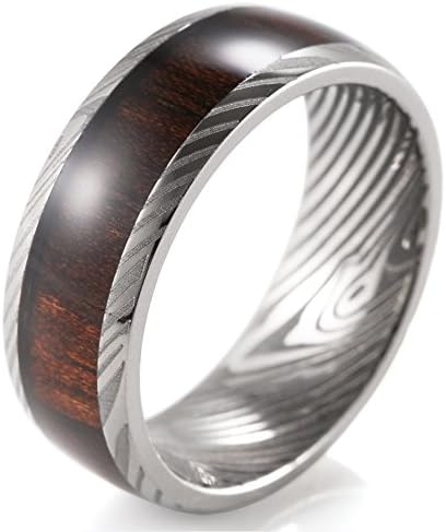 SHARDON Men's 8mm Domed Damascus Stripes Titanium Ring with Red Wood Inlaid