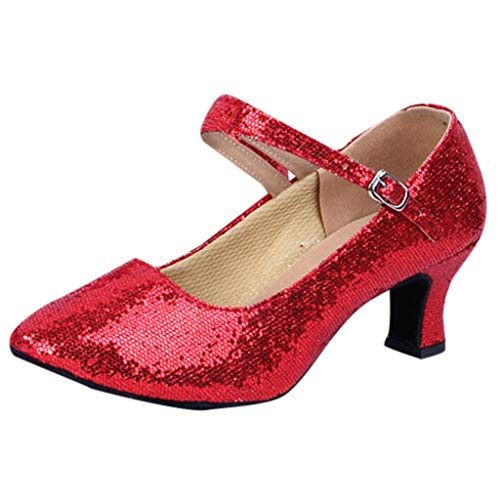 Womens Glitter Sequins Dance Shoes Buckle Strap Mid-High Heels Shoes Ballroom Latin Tango Rumba Performance Shoes (US:8, Red)