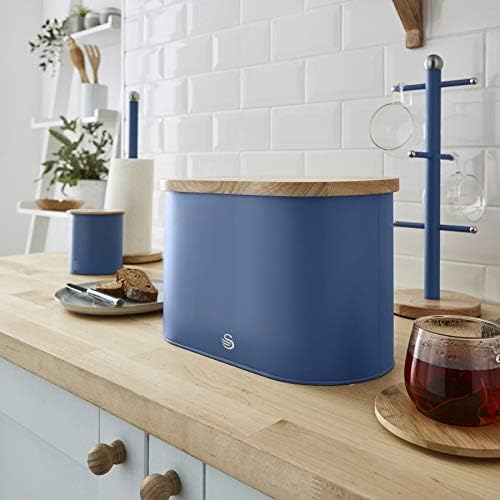 Swan Nordic Oval Bread Bin with Cutting Board Lid, Carbon Steel Body, Airtight Bamboo Lid, Blue - Image 4