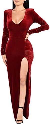 MeNew Women's Elegant Deep V Neck High Slit Party Bodycon Maxi Dress Ruby XL