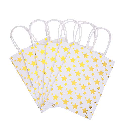 XNX 24 Pack Paper Gift Bags Party Favor Bags Recyclable Goodie Bags for Birthdays, Weddings, Baby Showers,Shopping.Gold Foil Stars Design, White(15 * 21 * 8cm) (Gold Foil Star) - Thumbnail 4