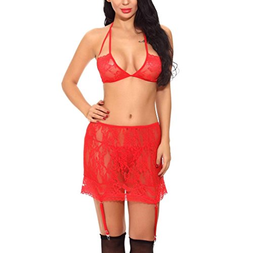 Makaor 3PC Lingerie Women Flower Lace Bra Tights Skirt Bodysuit Underwear Set Sleepwear (Red, Size:2XL)