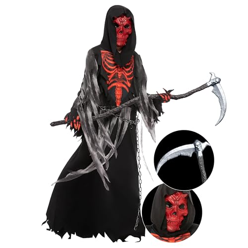 Spooktacular Creations Child Boys Red Skull Reaper Costume, Kids Halloween Grim Reaper Costume Dress-Up for Halloween