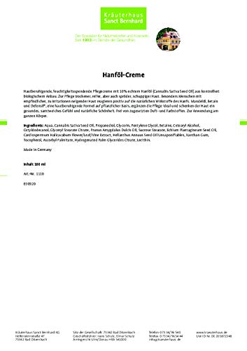 Sanct Bernhard Hanföl-Creme | 10% echtes Bio-Hanföl (Cannabis Sativa Seed Oil) | 100ml – Bild 3