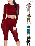 Amilia Womens Sexy Long Sleeve Crop Tops High Waist Leggings 2 Piece Bodycon Set Casual Outfit Tracksuit (S, Wine Red)