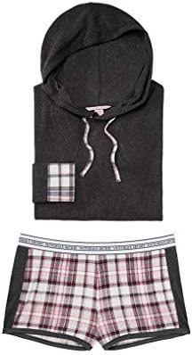 Victoria's Secret Thermal Shorts Set Hooded Top New Sleepwear Pajamas (Black Pink Plaid, Small)