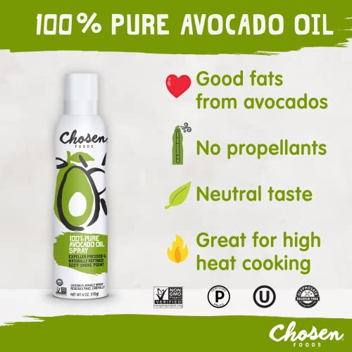 Chosen Foods 100 Pure Avocado Oil Spray, Keto and Paleo Diet Friendly, Kosher Cooking Spray for