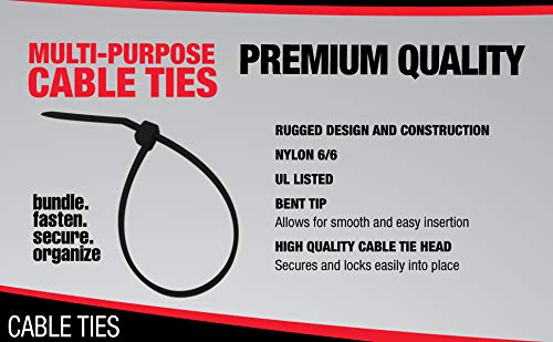 Cambridge ZipIts Multi Purpose Cable Ties Zip Ties 14 Inch 75 Lb 1000 Pieces Standard Duty UV Black