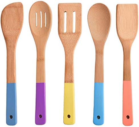 Comllen Natural Cooking Utensil Set Bamboo Spoons, 5 Piece Wooden Spoons and Spatulas Kitchen Tools with Multi-color Handles