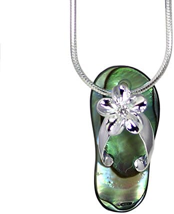Hawaiian Flip Flop Slipper Pendant and 18 Inch Chain in Sterling Silver with Abalone