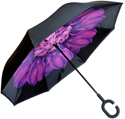 CatchitPro Double Layer Folding Umbrella Reversible Windproof Car Umbrella For Outdoor C-Shaped Free Hands Handle (Purple Flower)