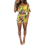 FEIYOUNG Women's Strapless Ruffle Hem Floral Print Short Pantsuits Two Pieces Outfits