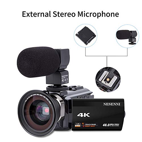 Video Camera 4K Camcorder NESENNI Ultra HD WiFi Digital Camera 48MP Touch Screen 16X Digital Zoom Recorder IR Night Vision Microphone,Wide Angle Lens,LED Video Light,2 Batteries,Shoulder Bag - Thumbnail 4