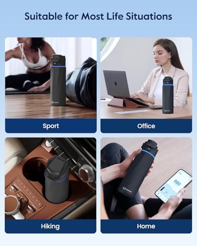 WATERH Boost Smart Water Bottle that Reminds You to Drink, BPA-Free Stainless Steel Vacuum Insulated Bottle, Wide Mouth Water Tracker Bottle with APP, Ideal for Father's Day, Black, 710 ml