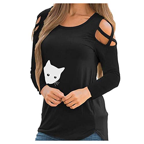 Moilant Women Cute Cat Print T Shirt Sexy Off-The-Shoulder Top Casual Comfortable Pullover Blouse Tunic