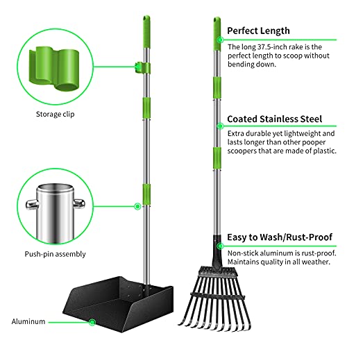 morpilot Dog Pooper Scooper with Poop Bags, Adjustable Long Handle Stainless Metal Tray, 11-Teeth Rake, Pet Waste Removal for Large Medium Small Dogs and Pets, Great for Your Entire Yard