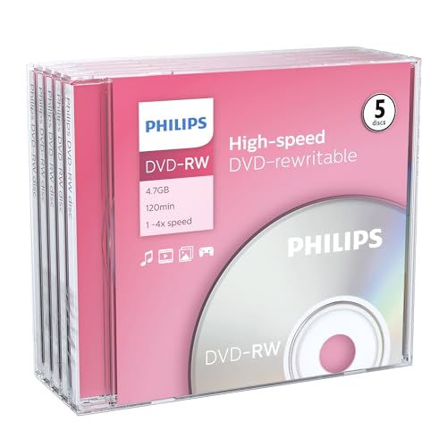 Philips DVD-RW High-Speed (4,7 Go / 120 Minutes de vidéo, Vitesse 1-4x, Jewel Case 5 pièces, rewritable / réinscriptible)