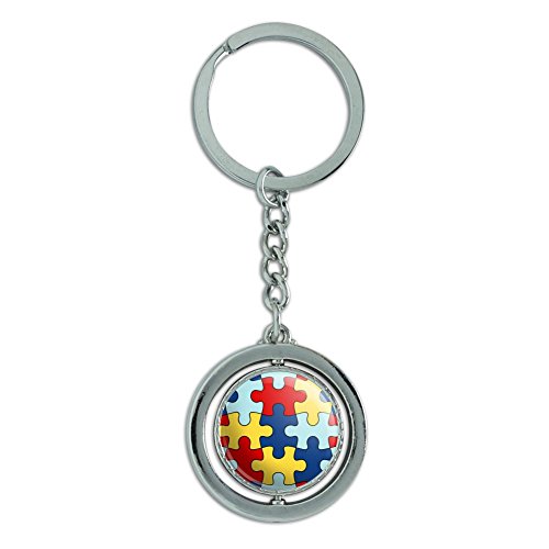 Autism Awareness Diversity Puzzle Pieces Spinning Round Chrome Plated Metal Keychain Key Chain Ring