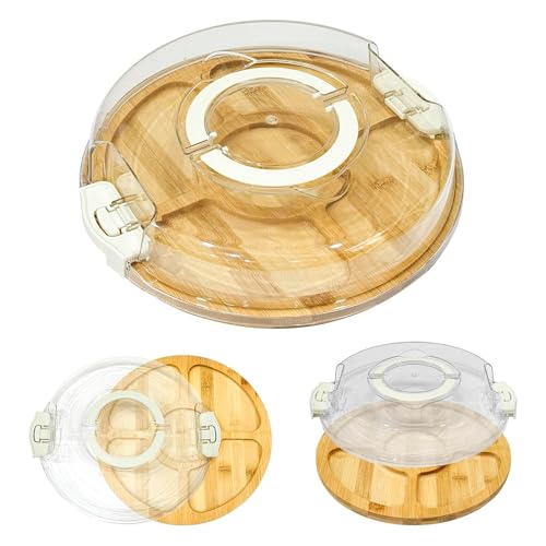 Petisqueira Redonda com Tampa e Travas 30 cm, Bandeja com 5 Divisórias de Acrílico, Porta Petiscos, Organizador para Frios, Snacks e Aperitivos, Cores Branco e Preto (Preto, Redondo)