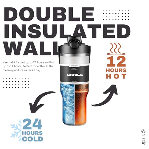 RIIZZLR® 1000ml Insulated Water Bottle Tumbler with 2-in-1 Straw & Sip Lid – Stainless Steel Vacuum Flask, Double Wall, BPA-Free, Leakproof, Wide Mouth, Keeps Drinks Hot 12H / Cold 24H (Black)