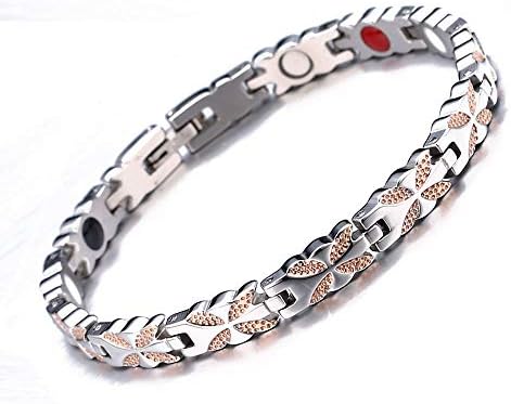 Rando Magnetic Therapy Health Energy Bracelet Bangle for Women Rhinestone Titanium Link Chain Germanium Bracelets Arthritis Pain Relief Silver Jewelry