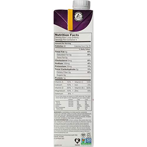 So Delicious Dairy Free Cashewmilk Beverage Unsweetened Vanilla 32 oz (Pack of 6), Dairy Soy Coconut and Almond Alternative Unsweetened Vanilla Milk Drink, Shelf-Stable Aseptic Packaging