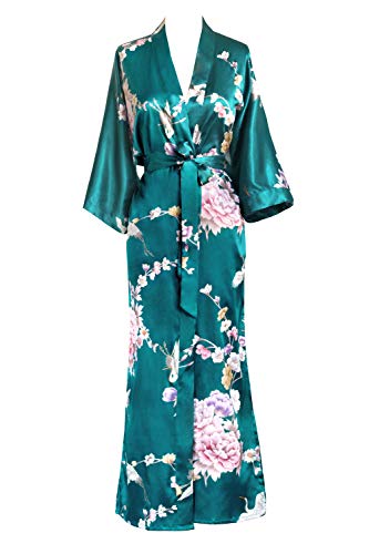 Old Shanghai Women's Kimono Long Robe - Chrysanthemum & Crane (Peacock) OS (Best Places To Cycle In Asia)