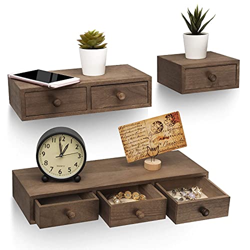 Emfogo Floating Shelves for Wall Storage, Rustic Wood Floating Drawers Multiuse as Apothecary Cabinet or Floating Nightstand, Farmhouse Wall Shelves for Bedroom (Set of 3, Weathered Walnut)