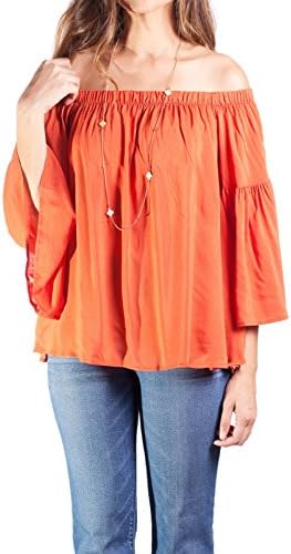 Dazly Womens Off Shoulder Bohemian Flowy Ruffle Bell Sleeve Top Blouse Rust M