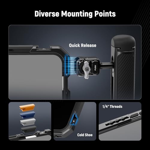NEEWER Phone Cage Compatible with iPhone 17 Pro Max, Quick Release Video Rig Stabilizer Accessories with 67mm Filter Ring, 17mm Lens Backplate, T Mount Adapter, 4x Camera Control Cap, PA144 (Black)