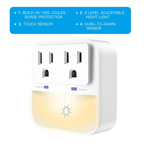 Surge Protector, Plug-in Night Light with 2-Outlet Extender, POWRUI Warm White LED Nightlight with Dusk-to-Dawn Sensor for Bedroom, Bathroom, Kitchen, Hallway, Stairs, 3-Pack
