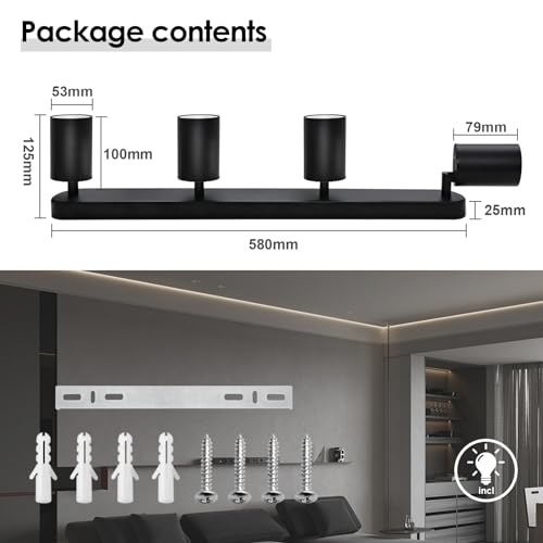 KYOTECH Black Ceiling Light with 4 Bulbs 5W LED Ceiling Light Swivel and Swivel Included GU10 Bulb 3000K 420LM Ceiling Spotlights for Kitchen, Bedroom, Living Room